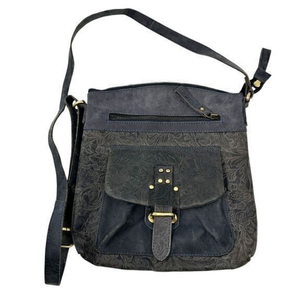 Western‎ Style Boho Dark Grey Leather Cross Body Gold Hardware Purse Bag